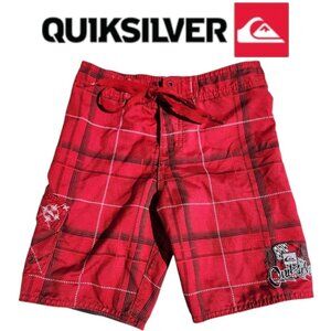 Quicksilver Swim Trunks Size Small S Boy's Swimming Shorts Red Plaid Swimsuit 12